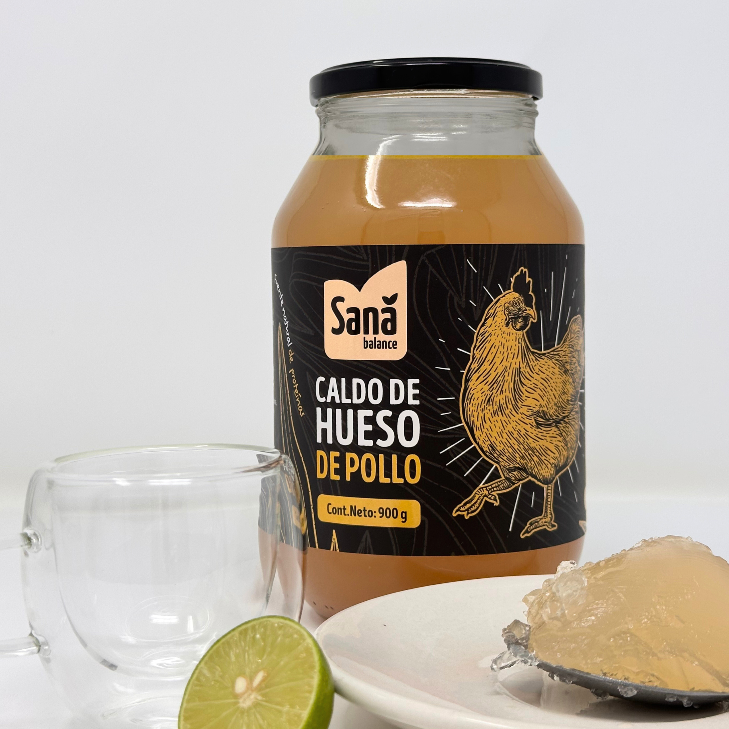 Frasco de caldo de hueso de pollo Sana Balance con limón y huesos – sin conservadores, cocción lenta