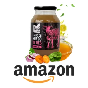 Frasco de caldo de hueso de res Sana Balance con ingredientes frescos, disponible en Amazon.