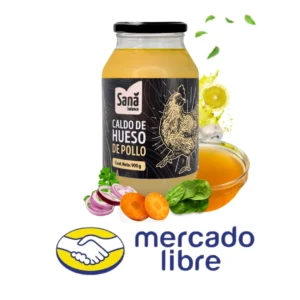 Frasco de caldo de hueso de pollo Sana Balance con ingredientes naturales, disponible en Mercado Libre.