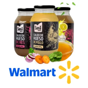 Frascos de caldo de hueso Sana Balance de pollo y res, disponibles en Walmart en línea.