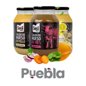 Caldo de hueso de pollo y res Sana Balance, disponible con entrega en Puebla. Frascos de 900 g con ingredientes naturales.